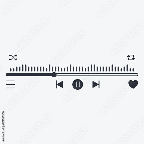 A minimalist audio player interface featuring playback controls and a visual waveform.