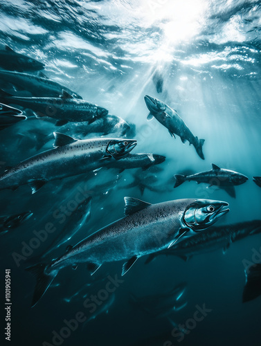 shoal of salmon in oceon light breaking through surface photo