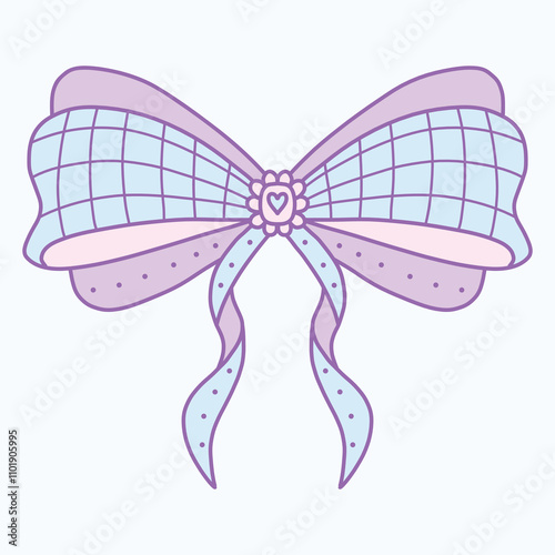 A decorative bow in pastel colors with a heart-shaped center and flowing ribbons.
