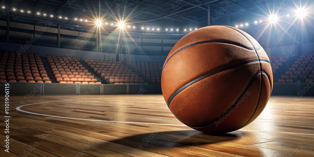 Wooden Basketball Court Featuring a Close-Up of a Basketball with Bright Stadium Lights in the Background, Capturing the Essence of Sportsmanship and Competition
