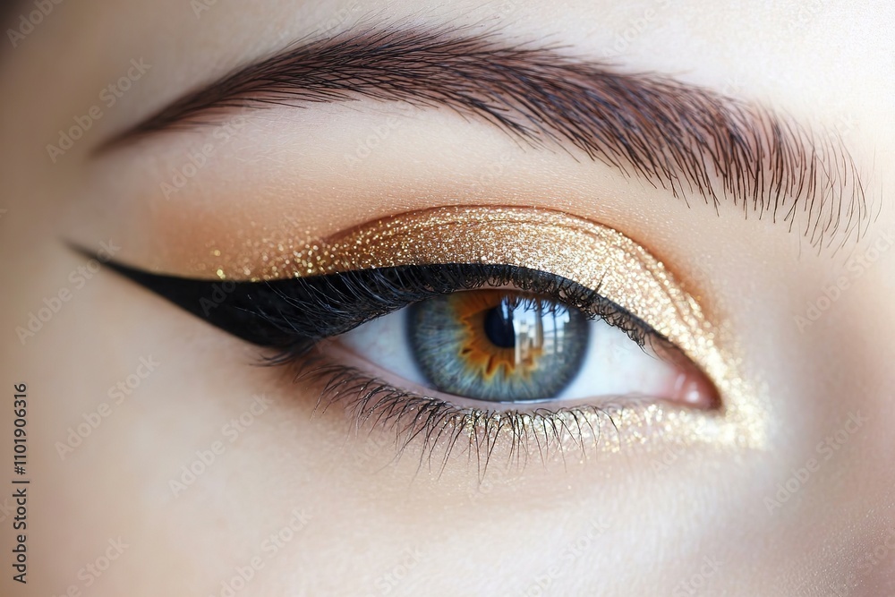 Close-up of eye with golden makeup and winged eyeliner Close-up of eye with golden makeup and winged eyeliner