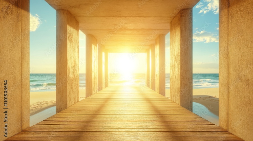 Golden Hour Beach Path Through Wooden Pier Golden Hour Beach Path Through Wooden Pier