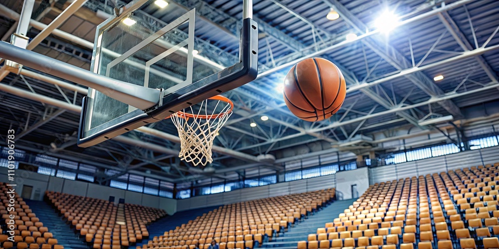 Basketball Approaching the Hoop in a Spacious Indoor Gymnasium with Empty Seats and Brightly Lit Ceiling for a Dynamic Sports Atmosphere Basketball Approaching the Hoop in a Spacious Indoor Gymnasium with Empty Seats and Brightly Lit Ceiling for a Dynamic Sports Atmosphere