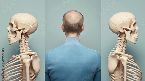 A back view of a man with a balding head in a blue sweater flanked by two anatomical human skeleton models on either side photo