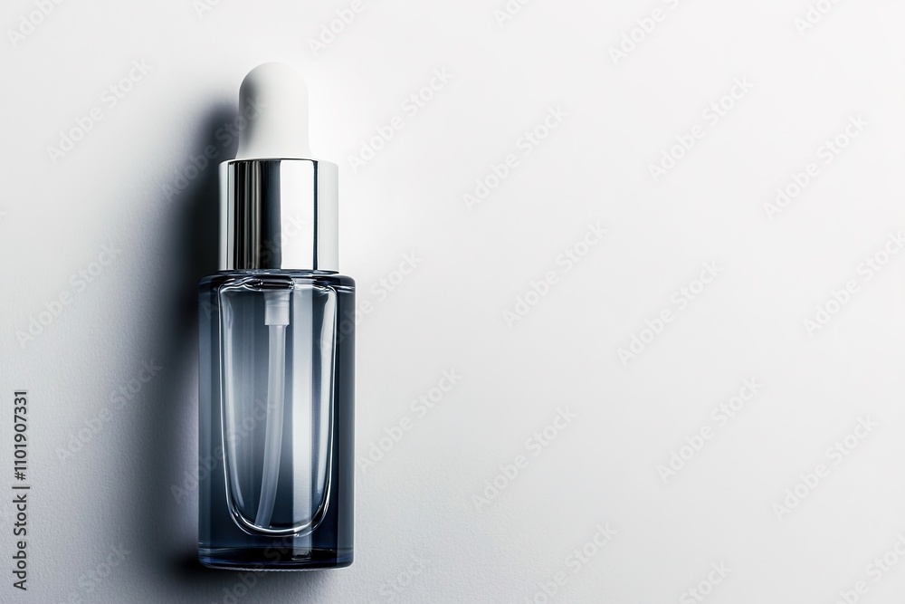 Minimalist serum bottle with silver cap on gray background Minimalist serum bottle with silver cap on gray background