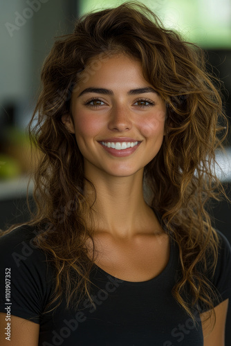 Young woman with curly hair and a warm smile poses in a well-lit indoor space, exuding confidence and approachability during midday