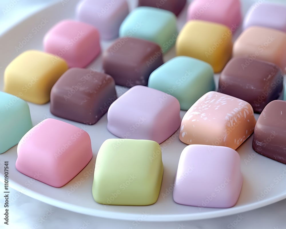 A pastel-themed display of colorful chocolate bonbons on a white ceramic plate A pastel-themed display of colorful chocolate bonbons on a white ceramic plate