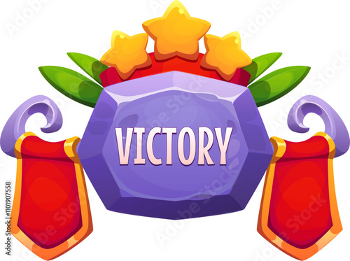 Game victory award or UI reward badge for level complete, vector GUI element. Victory icon with cartoon gemstone, golden stars and ribbons, shield or badge for game winner award and trophy bonus popup