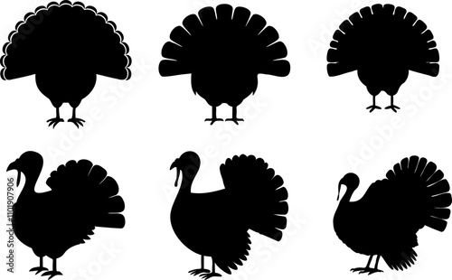 turkey silhouette illustration set, front back and side view