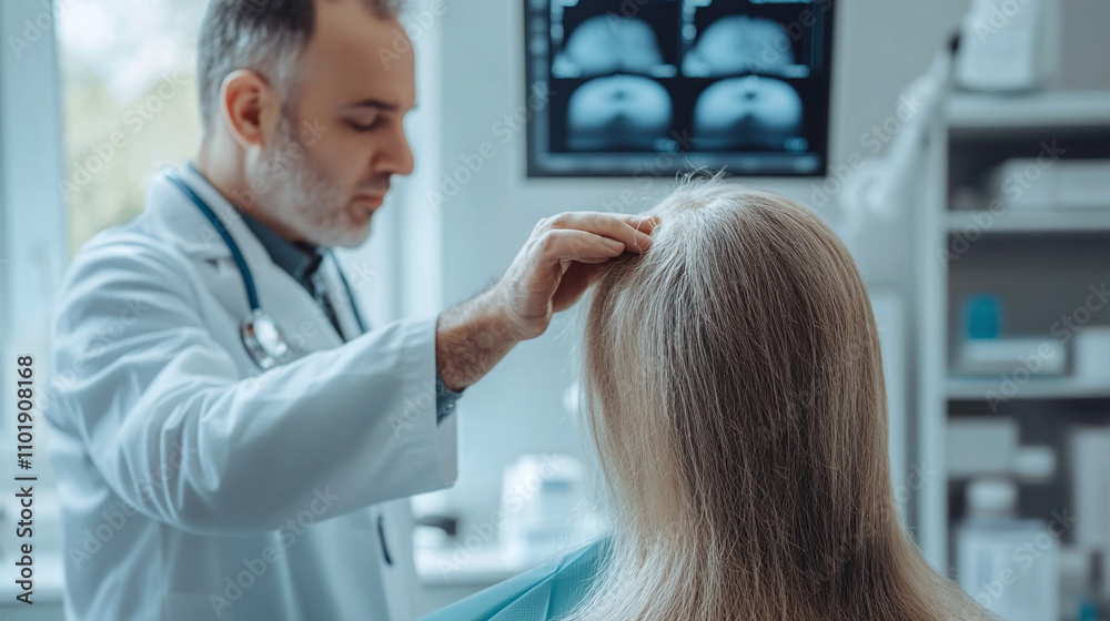 A dermatologist consulting with a patient about hair loss treatments A dermatologist consulting with a patient about hair loss treatments