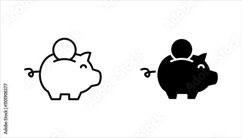 Piggy bank, linear style icon set, Piggy bank with a coin being inserted, Editable stroke width, on a white background.