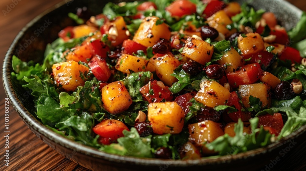 A bowl of salad with chopped mango, red pepper, lettuce, and other ingredients on a wooden table. A bowl of salad with chopped mango, red pepper, lettuce, and other ingredients on a wooden table.