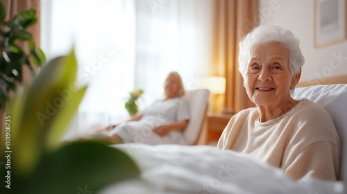 Smiling senior woman in hospital bed, another woman in background.