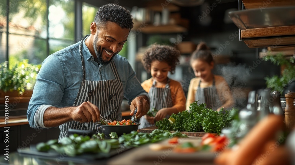 A happy father and his two daughters are preparing a meal together in the kitchen. They are smiling and laughing as they chop vegetables and stir a pot. A happy father and his two daughters are preparing a meal together in the kitchen. They are smiling and laughing as they chop vegetables and stir a pot.