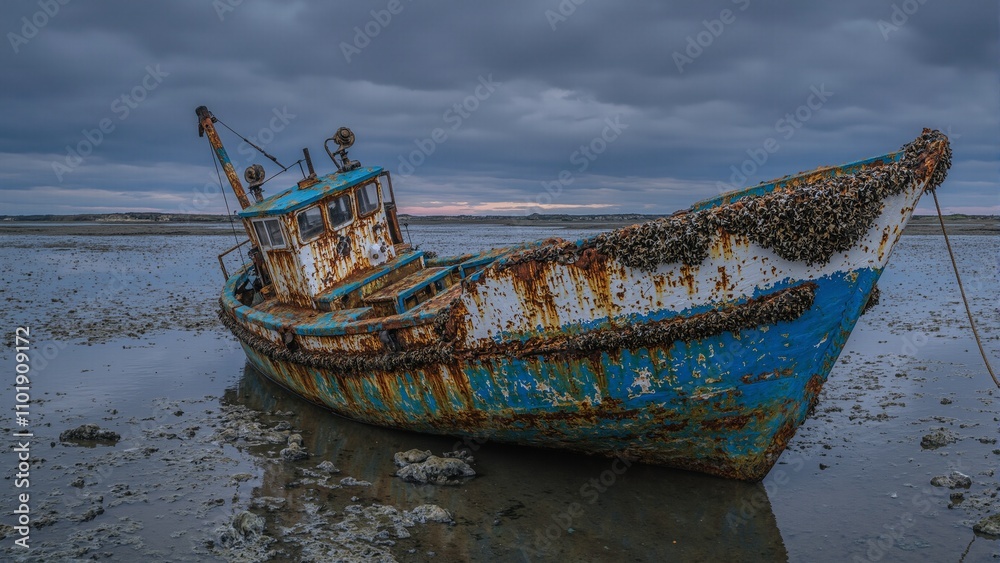 Abandoned fishing boat with rust and barnacles in shallow bay Abandoned fishing boat with rust and barnacles in shallow bay