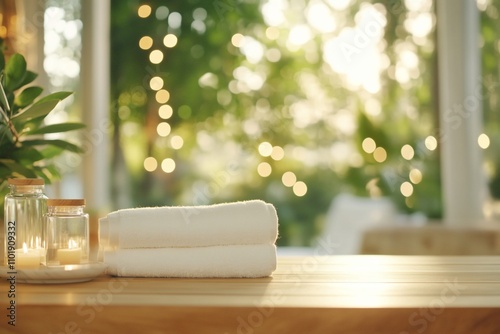 Spa towels, candles, and plants on a wooden table.