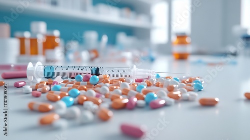 Spilled pills and syringe on a lab table.