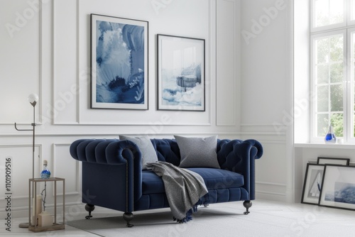 A navy blue velvet chesterfield sofa sits in a bright, white room with blue artwork and decor.