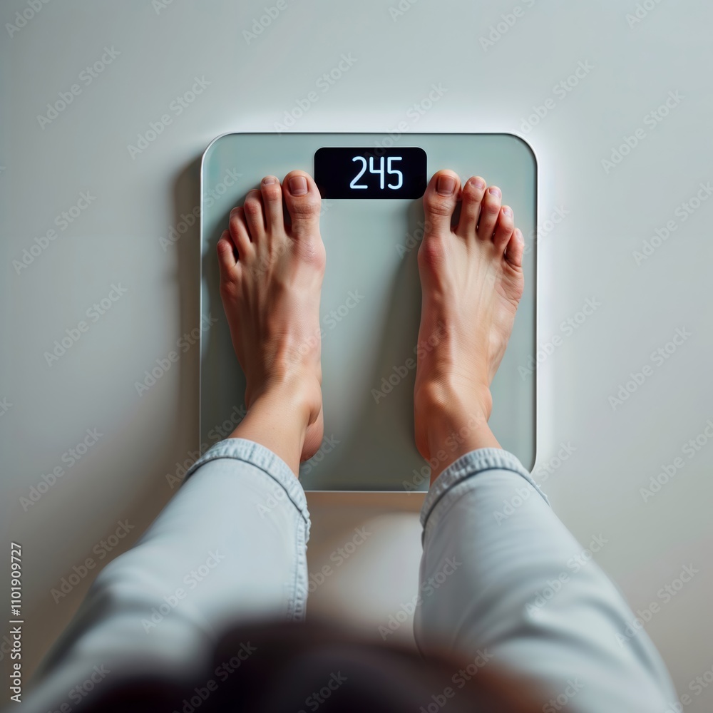 Weight Check. A person standing on a digital scale with their feet visible.