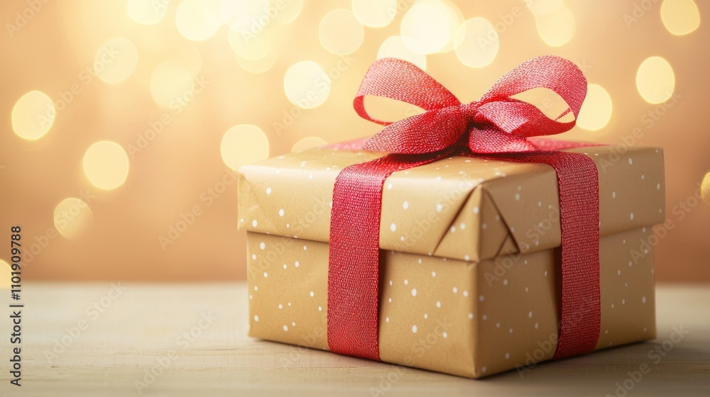 Obraz premium Gift box with red ribbon and festive bokeh background