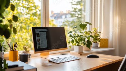 Wallpaper Mural Sunlit home office workspace with computer, plants, and supplies. Torontodigital.ca