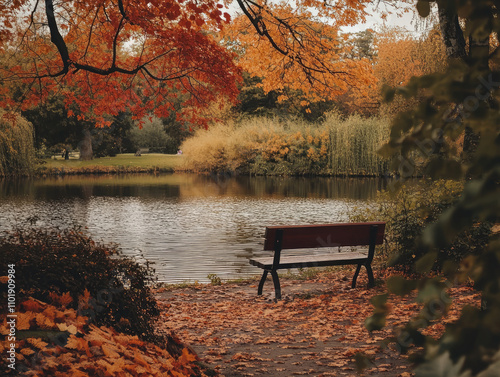 A tranquil autumn park scene in warm reds and yellows, offering a serene and picturesque fall landscape photo