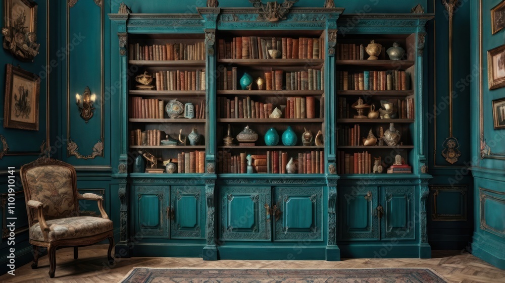 Teal antique bookcase filled with books and decor in a classic room. Teal antique bookcase filled with books and decor in a classic room.