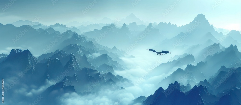 custom made wallpaper toronto digitalBreathtaking misty mountain landscape with a soaring bird silhouette in the distance creating a serene and ethereal atmosphere  The rugged craggy peaks emerge from the fog