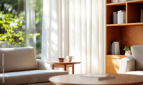 Sunlit living room with armchair, coffee table, and bookcase.