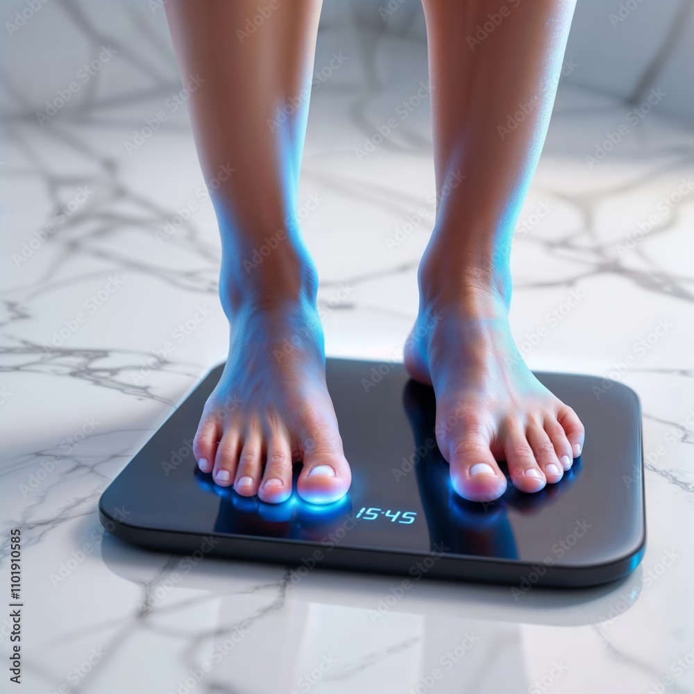 Fototapeta premium Health Tracking on Scale. A pair of bare feet stand on a black digital scale with blue light highlighting the feet.