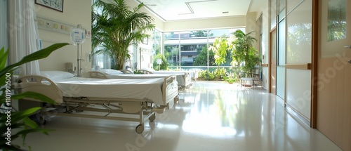 Sunlit hospital ward with empty beds, plants, and large windows.