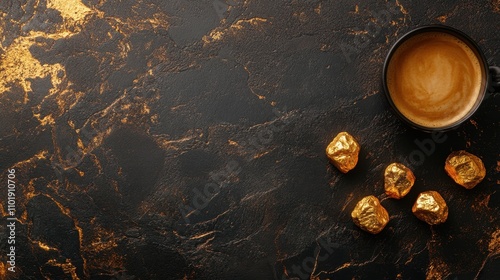 Warm coffee and golden nuggets placed together on a sleek black surface, evoking an atmosphere of elegance and warmth