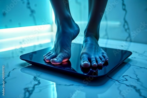 Woman stepping on smart scale in bathroom. The woman is wearing a white robe and is barefoot. The scale is showing her weight in pounds and kilograms.