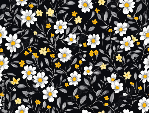 A pattern of small white flowers and leaves on a black background. 