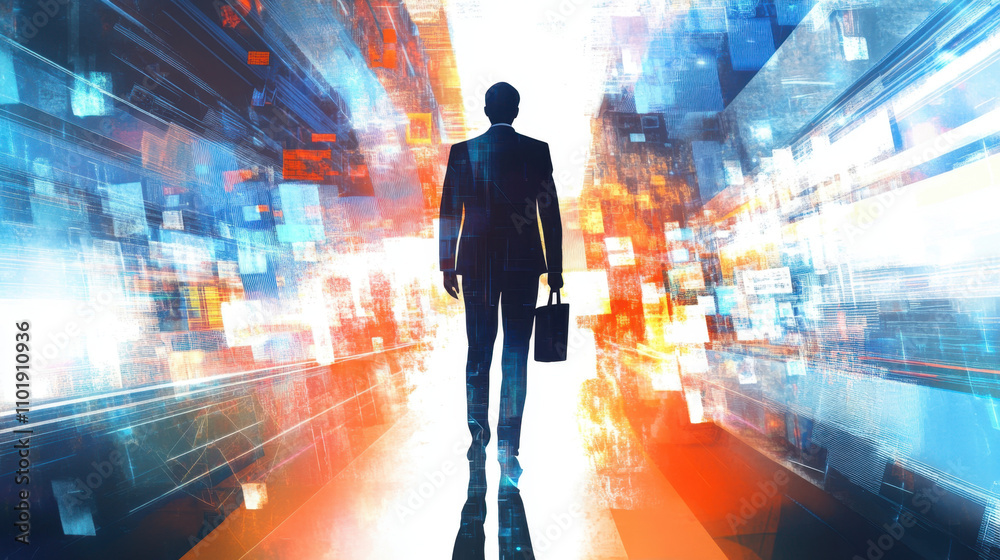 Futuristic Abstract Composition with Businessman Silhouette Futuristic Abstract Composition with Businessman Silhouette