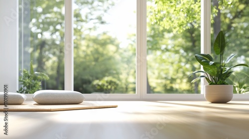 Sunlit room with cushions, plant, and large window.