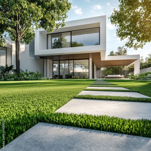 Modern Architectural Elegance Shines in Sunlit Garden With Lush Green Lawn and Inviting Patio, Inviting Relaxation and Tranquility in a Contemporary Residence