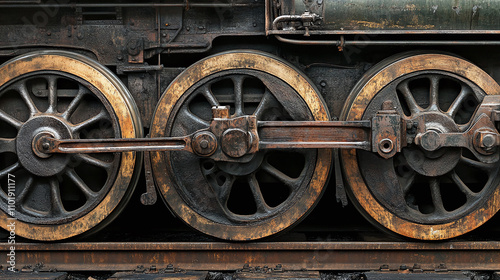 .A detailed view of train wheels and tracks during a stop photo