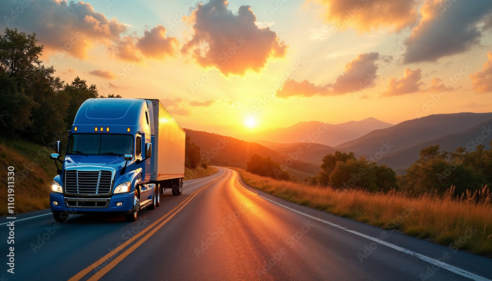 Sunset drive on a winding road with a blue truck in the countryside Sunset drive on a winding road with a blue truck in the countryside