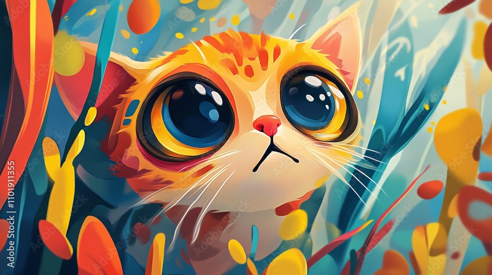 Fototapeta premium A playful, cartoon-style illustration of a cute female cat. Big expressive eyes, exaggerated features, and colorful details. The cat is looking at you. Bright, cheerful background