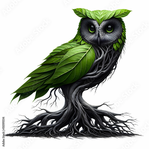 Owl Illustration with Green Leaves and Roots photo