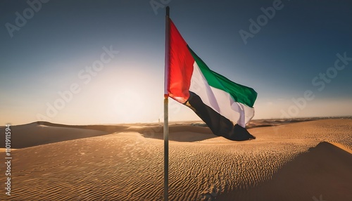 UAE National day, National Day of United Arab Emirates. National Day Concept Design, flag of united Arab emirates in desert background, wave flag of UAE, flag day
 photo