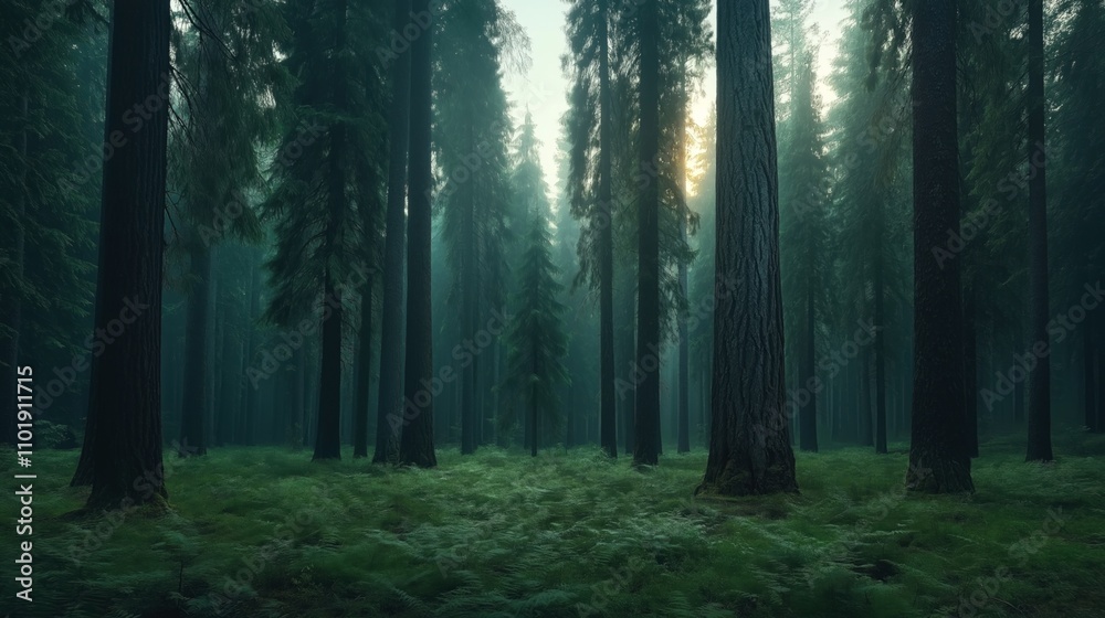 Naklejka premium Dense forest with tall evergreen trees and a lush green undergrowth, misty atmosphere and sunlight filtering through the foliage