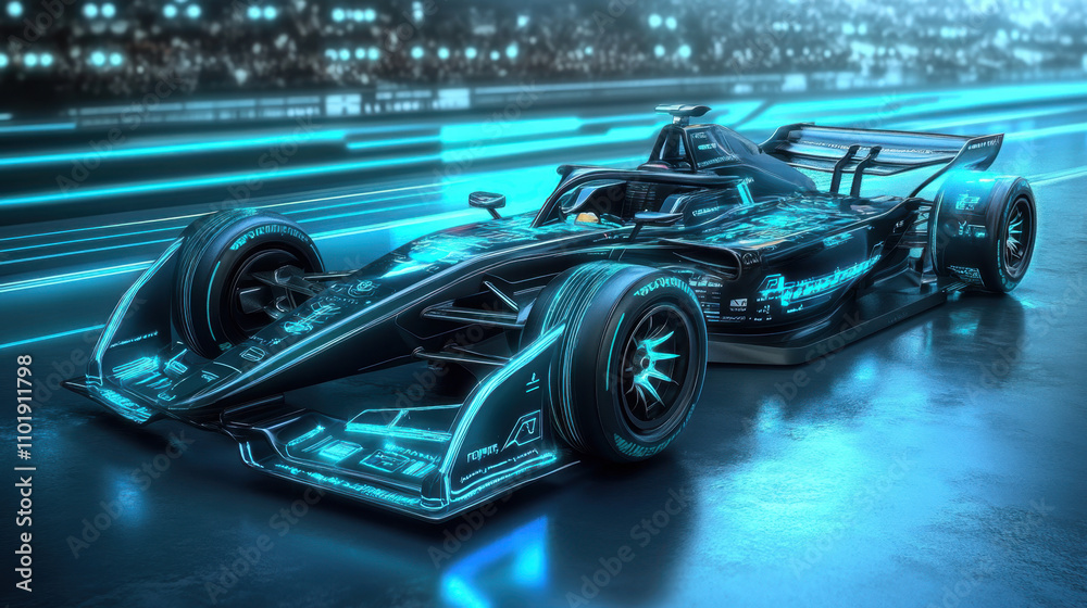 Sleek High-Tech Racing Car with Digital Overlays Sleek High-Tech Racing Car with Digital Overlays