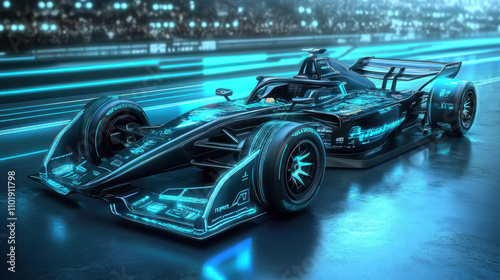 Sleek High-Tech Racing Car with Digital Overlays