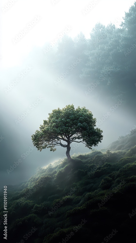 A solitary tree stands against a misty backdrop, illuminated by soft rays of light filtering through the forest. A solitary tree stands against a misty backdrop, illuminated by soft rays of light filtering through the forest.