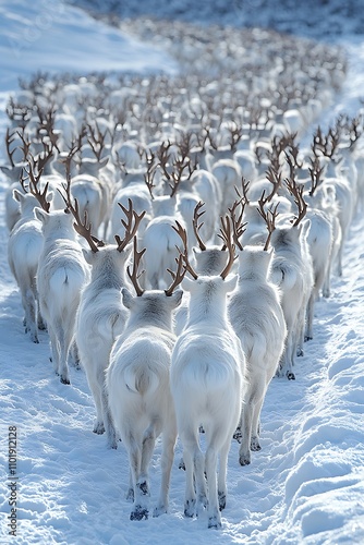 Arctic Migration: A breathtaking view of a vast herd of reindeer trekking across a pristine snowy landscape, their antlers silhouetted against the winter sun.