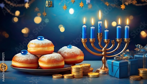  A festive Hanukkah setting includes a menorah, dreidels, gold coins, gifts, and blue decora_1(236) photo