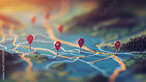 A digital map highlighting a road trip route with pins for attractions along the way photo