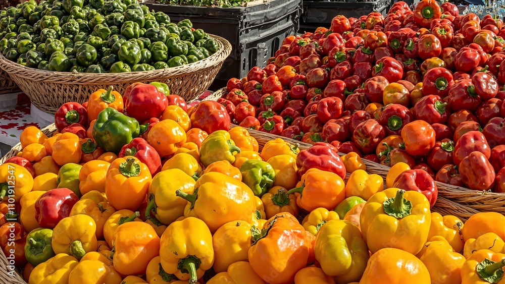 Vibrant bell peppers in baskets at a sunny farmers market stall Vibrant bell peppers in baskets at a sunny farmers market stall
